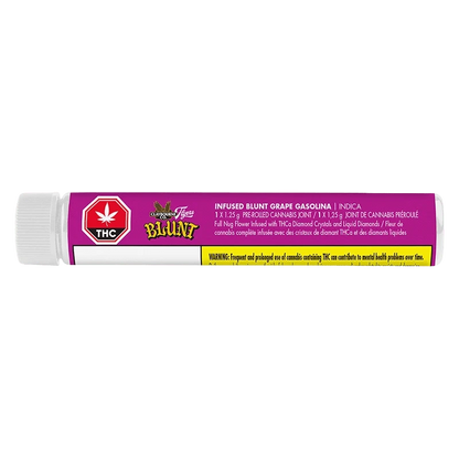Horizontal close-up of a purple tube labeled "Grape Gasolina Infused PR 1 x 1.25 g" with a white cap and THC warning strip.