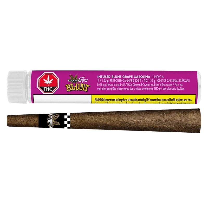 Horizontal product shot of a Grape Gasolina Infused PR 1 x 1.25 g showing a purple-labeled plastic tube above a brown pre-rolled blunt on a white background.