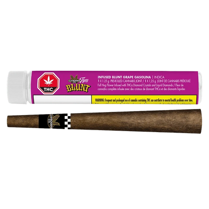 Horizontal product shot of a Grape Gasolina Infused PR 1 x 1.25 g showing a purple-labeled plastic tube above a brown pre-rolled blunt on a white background.