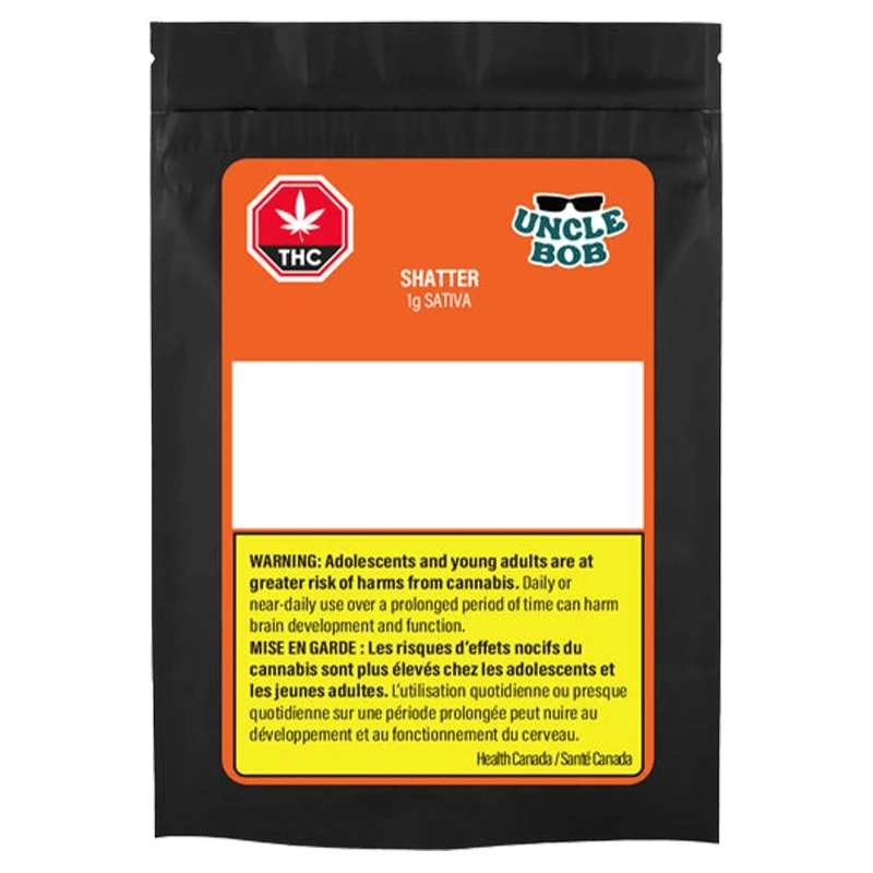 Front-facing shot of the black pouch packaging labeled "Uncle Bob Sativa Shatter" with an orange label, THC symbol, and yellow warning panel.