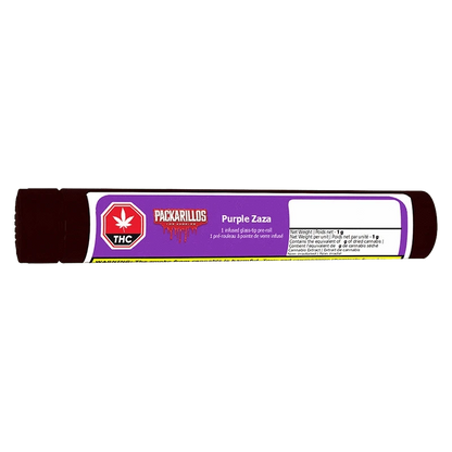 Close-up of a horizontal Packarillos Purple Zaza Infused PR 1 x 1 g cartridge tube with purple label, THC logo, and white info box on a white background
