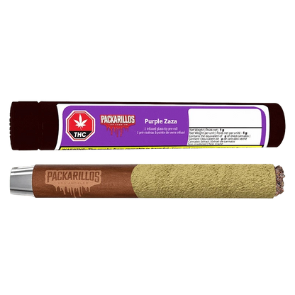 Top-down view of the Packarillos Purple Zaza Infused PR 1 x 1 g pre-roll and its purple-labeled tube, the brown wrapped joint showing a stamped logo and greenish kief coating.