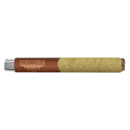 Side-on studio shot of a Packarillos Purple Zaza Infused PR 1 x 1 g blunt showing the brown branded paper and a heavy greenish kief coating on the rolled end.
