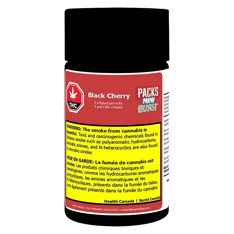 Front-facing product shot of a cylindrical container labeled Mini Burst Black Cherry Infused PR 5 x 0.5 g showing a red top label, prominent yellow warning block, and black screw cap.