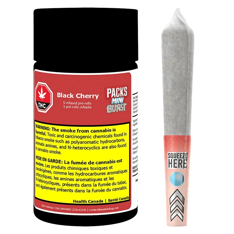 Front-facing shot of the Mini Burst Black Cherry Infused PR 5 x 0.5 g container with bold red label beside a single rolled pre-roll showing a pink "Squeeze Here" band.