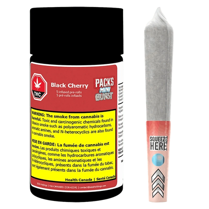 Front-facing shot of the Mini Burst Black Cherry Infused PR 5 x 0.5 g container with bold red label beside a single rolled pre-roll showing a pink "Squeeze Here" band.