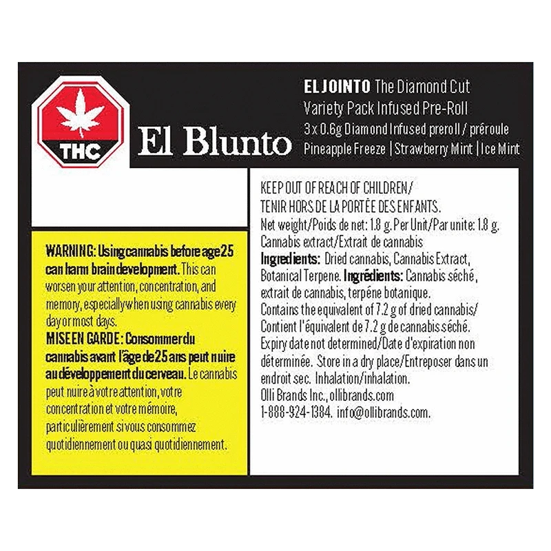 Rectangular front-facing label for El Blunto The Diamond Cut Variety Pack Infused PR 3 x 0.6 g with bold black header, yellow warning panel and detailed ingredient text.