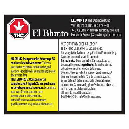 Rectangular front-facing label for El Blunto The Diamond Cut Variety Pack Infused PR 3 x 0.6 g with bold black header, yellow warning panel and detailed ingredient text.