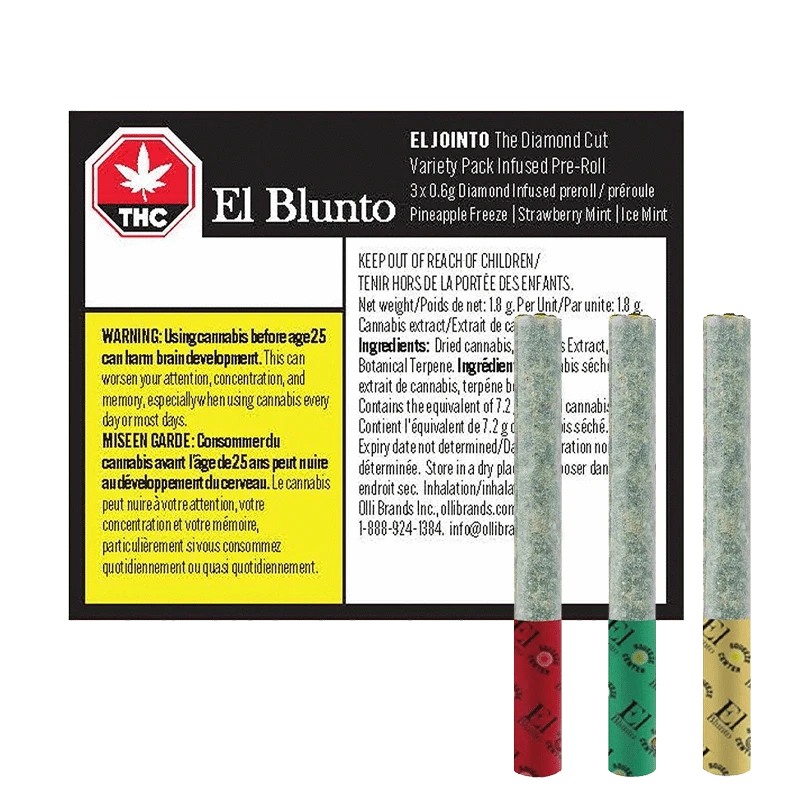 Front-facing product image of El Blunto The Diamond Cut Variety Pack Infused PR 3 x 0.6 g box with three pre-rolls standing upright against a white background.