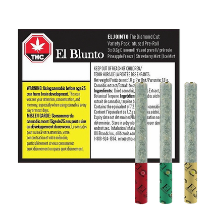 Front-facing product image of El Blunto The Diamond Cut Variety Pack Infused PR 3 x 0.6 g box with three pre-rolls standing upright against a white background.