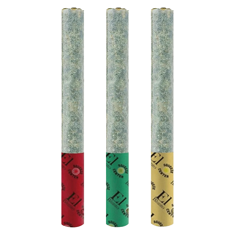 Studio-lit front view of three vertical joints in a row labeled The Diamond Cut Variety Pack Infused PR 3 x 0.6 g, each with red, green, and gold filter bands.