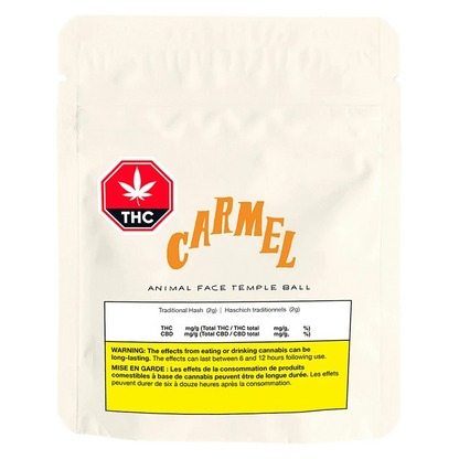 Front-facing pouch shot of a white Carmel Animal Face Temple Ball bag with a red THC badge and yellow warning panel.