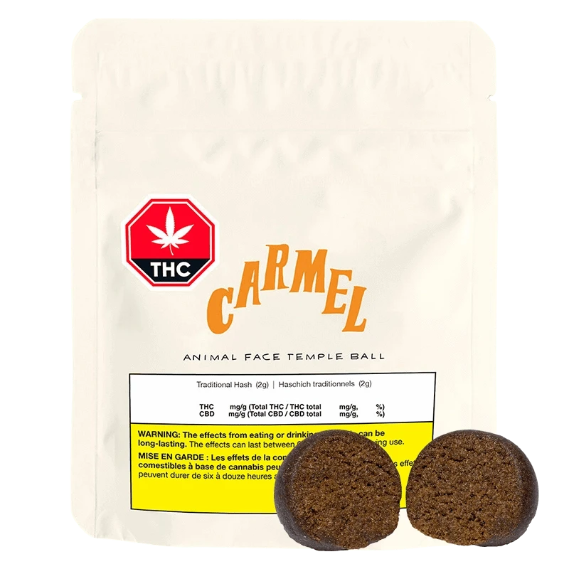 Front-facing pouch of Carmel Animal Face Temple Ball with a red THC symbol and two round brown temple balls shown at the base.