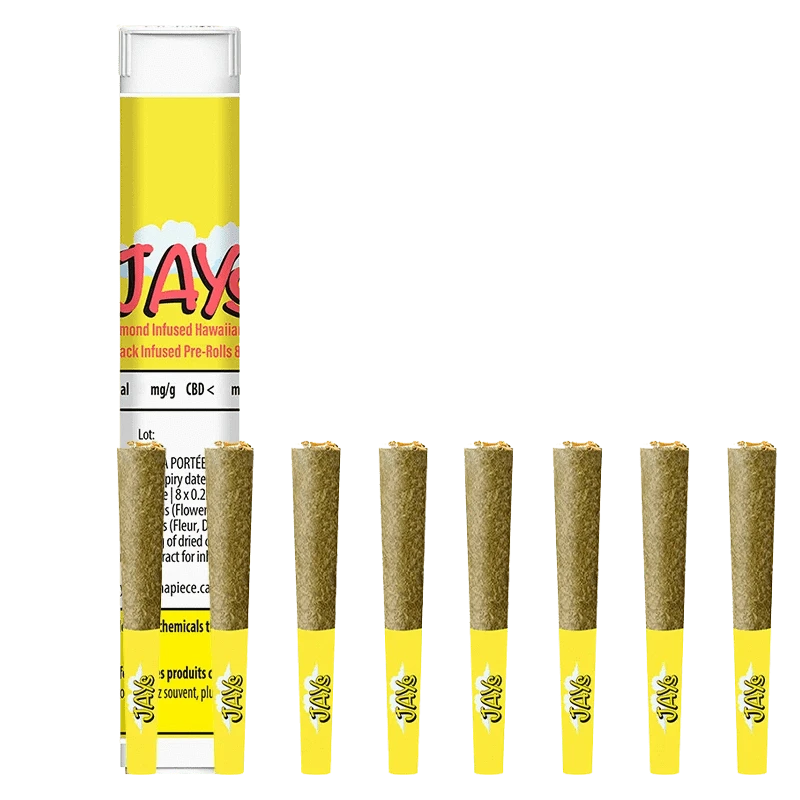 Front-facing image of the Diamond Infused Hawaiian Za value Pack Infused PR 8 x 0.25 g tube standing behind a row of seven yellow‑tipped pre-rolls on a plain white background