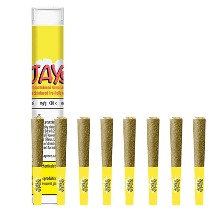 Front-facing image of the Diamond Infused Hawaiian Za value Pack Infused PR 8 x 0.25 g tube standing behind a row of seven yellow‑tipped pre-rolls on a plain white background
