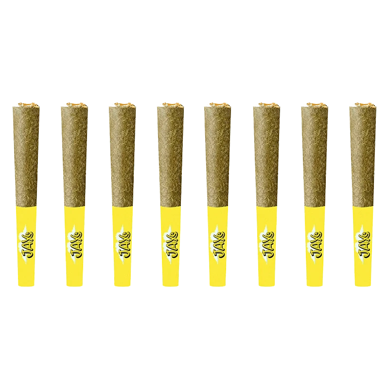 Row of eight upright pre-rolls with yellow tips, shown front-on against a white background — Diamond Infused Hawaiian Za value Pack Infused PR 8 x 0.25 g