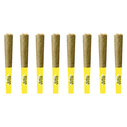 Row of eight upright pre-rolls with yellow tips, shown front-on against a white background — Diamond Infused Hawaiian Za value Pack Infused PR 8 x 0.25 g