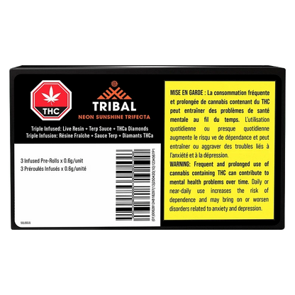 Rear label close-up of the Tribal Neon Sunshine Trifecta Infused PR 3 x 0.6 g packaging, showing logo, THC symbol, barcode and bilingual warning panel.