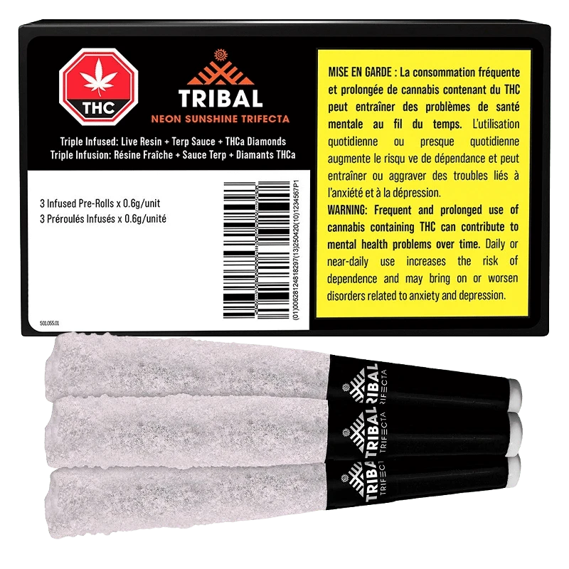 Top-down view of three sugar-coated pre-rolls beside the Tribal Neon Sunshine Trifecta Infused PR 3 x 0.6 g black and yellow box.
