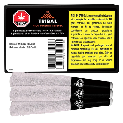 Top-down view of three sugar-coated pre-rolls beside the Tribal Neon Sunshine Trifecta Infused PR 3 x 0.6 g black and yellow box.