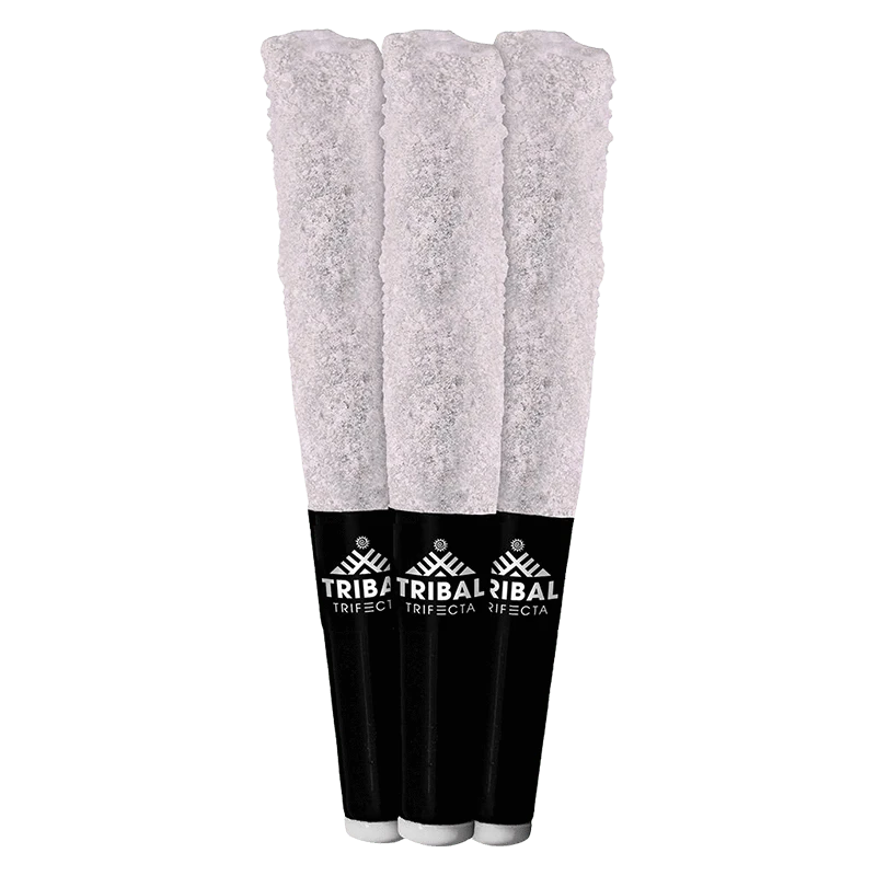 Three pre-rolled cones standing upright in a row with black crutches, labeled Neon Sunshine Trifecta Infused PR 3 x 0.6 g.
