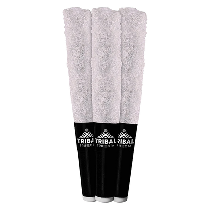 Three pre-rolled cones standing upright in a row with black crutches, labeled Neon Sunshine Trifecta Infused PR 3 x 0.6 g.