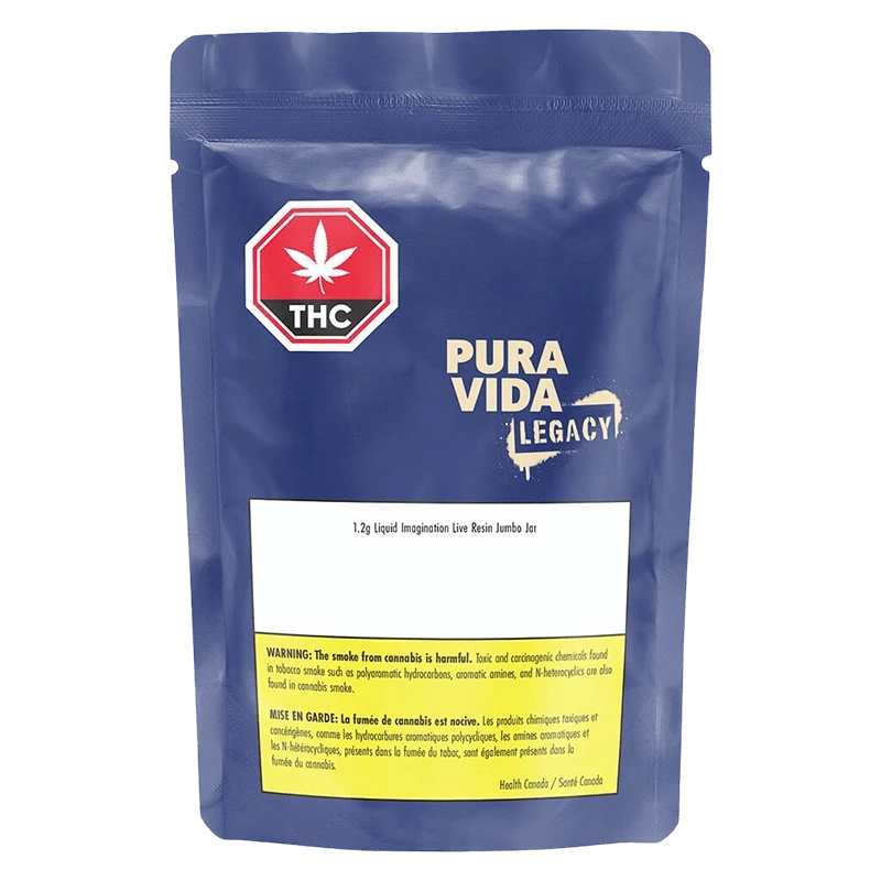 Front-facing photo of a blue pouch labeled Pura Vida Legacy showing the 1.2g Liquid Imagination Live Resin name and THC icon.