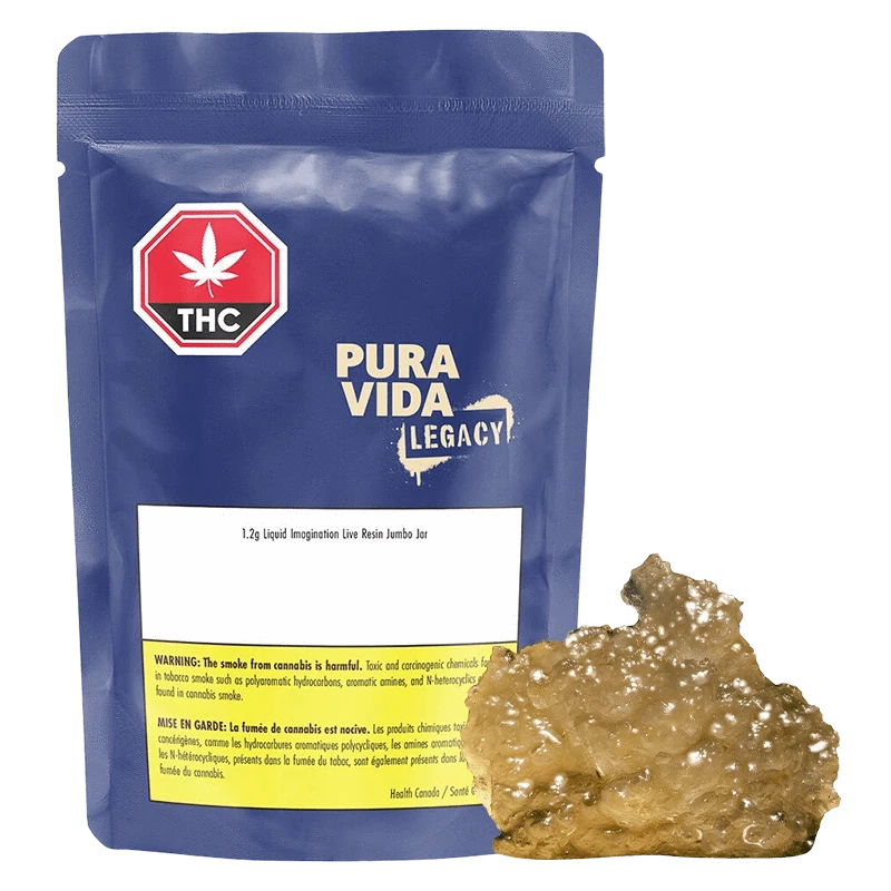 Front-facing shot of a blue pouch and golden resin piece labeled "Liquid Imagination Live Resin" with the Pura Vida Legacy logo visible.