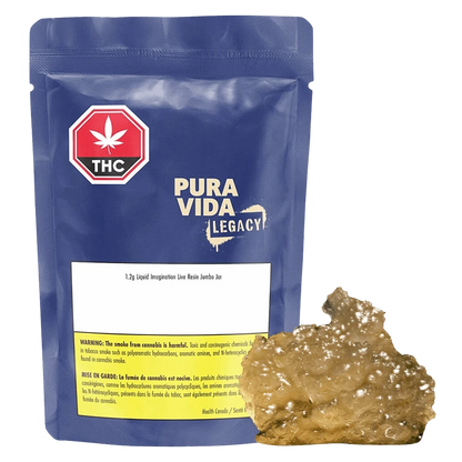 Front-facing shot of a blue pouch and golden resin piece labeled "Liquid Imagination Live Resin" with the Pura Vida Legacy logo visible.