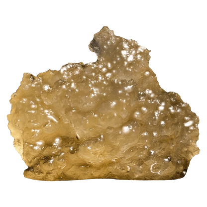 Close-up of a golden, translucent resin nugget photographed from the front, Liquid Imagination Live Resin glistening under studio lights.