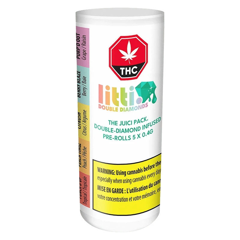 Slightly angled front view of the cylindrical pack labeled "The Juici Pack Double Diamond Infused PR 5 x 0.4 g" with colorful logo, THC symbol, and a yellow warning box.