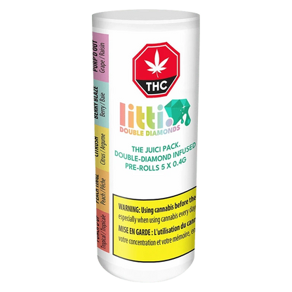 Slightly angled front view of the cylindrical pack labeled "The Juici Pack Double Diamond Infused PR 5 x 0.4 g" with colorful logo, THC symbol, and a yellow warning box.
