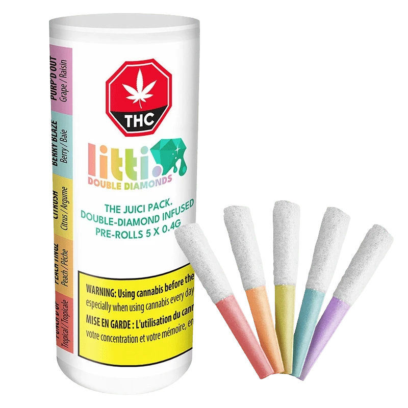 Angled view of The Juici Pack Double Diamond Infused PR 5 x 0.4 g white tube with colorful labels beside five pastel-tipped pre-rolls.