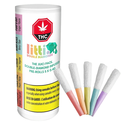 Angled view of The Juici Pack Double Diamond Infused PR 5 x 0.4 g white tube with colorful labels beside five pastel-tipped pre-rolls.