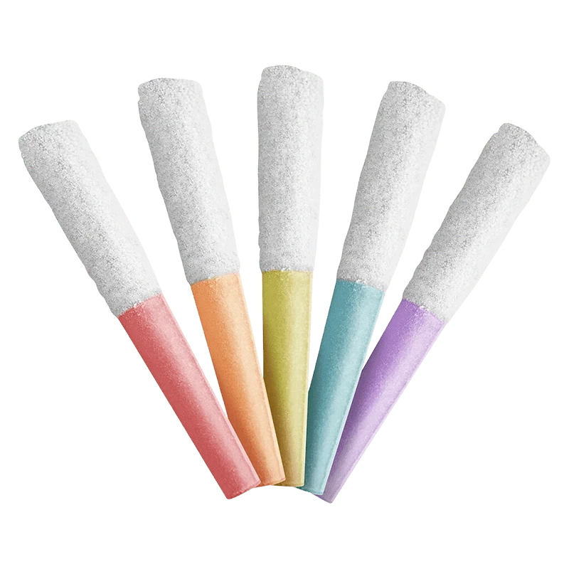 Top-down view of five sugar-coated cone pieces fanned out with pastel tips in coral, peach, yellow, teal, and lavender labeled The Juici Pack Double Diamond Infused PR 5 x 0.4 g