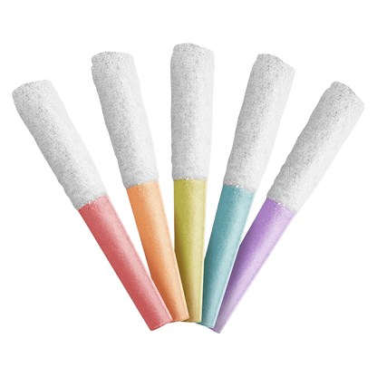 Top-down view of five sugar-coated cone pieces fanned out with pastel tips in coral, peach, yellow, teal, and lavender labeled The Juici Pack Double Diamond Infused PR 5 x 0.4 g