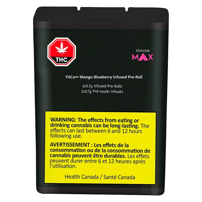 Front-facing shot of the THCa Mango Blueberry Infused PR 2 x 0.7 g black pack with warning label and THC symbol visible.