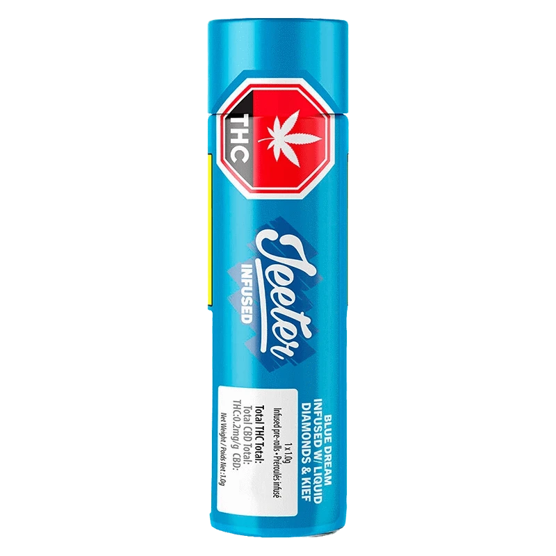 Tall, centered front view of the bright blue tube labeled "Blue Dream Infused PR 1 x 1 g" with a red THC stop sign near the top.