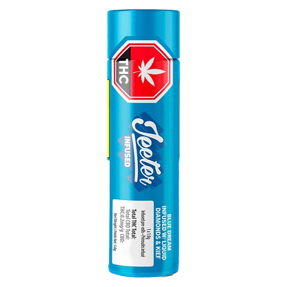 Tall, centered front view of the bright blue tube labeled "Blue Dream Infused PR 1 x 1 g" with a red THC stop sign near the top.