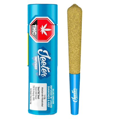 Vertical product shot of the Blue Dream Infused PR 1 x 1 g showing a blue cylindrical tube with white "Jeeter" branding next to a kief-coated pre-roll with a matching blue filter.