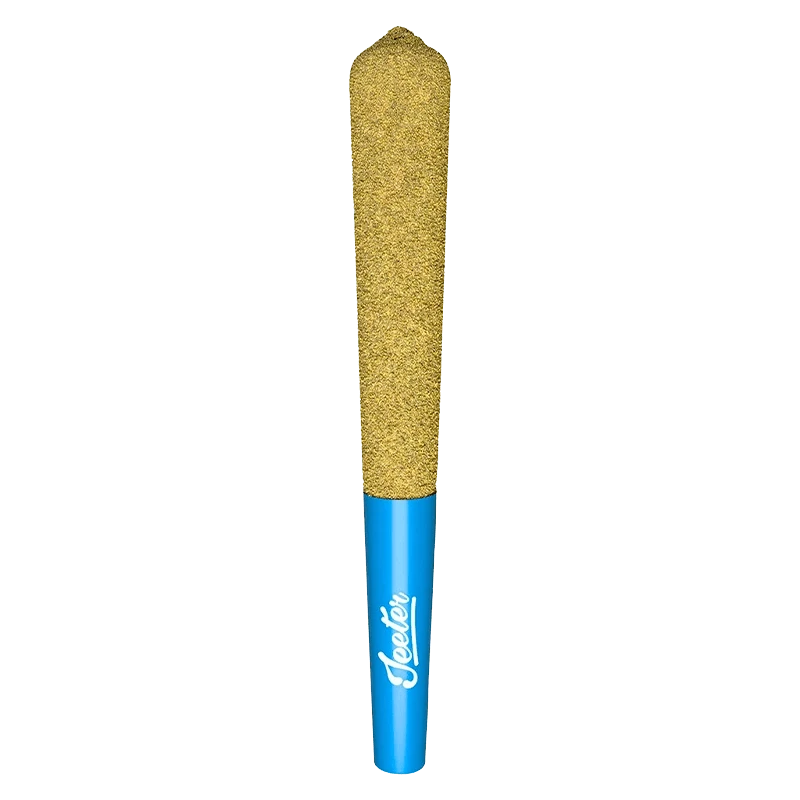 Vertical centered product shot of a gold-tipped Blue Dream Infused PR 1 x 1 g pre-roll with a blue Jeeter cone at the base.