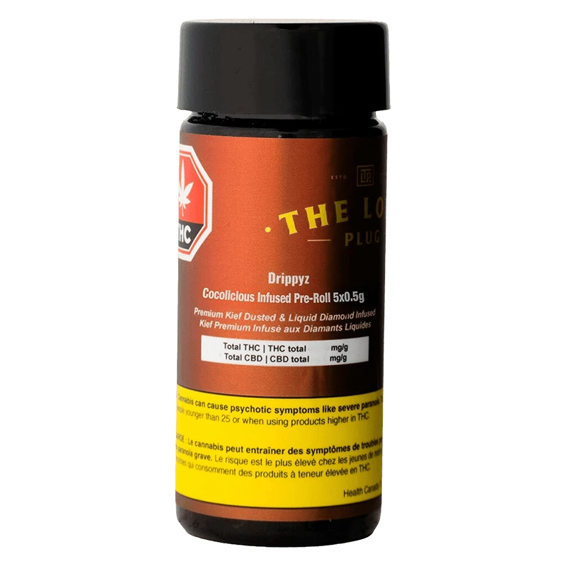 Front-facing shot of a brown and black container labeled Drippyz Cocolicious Infused PR 5 x 0.5 g with warning text and a THC symbol.