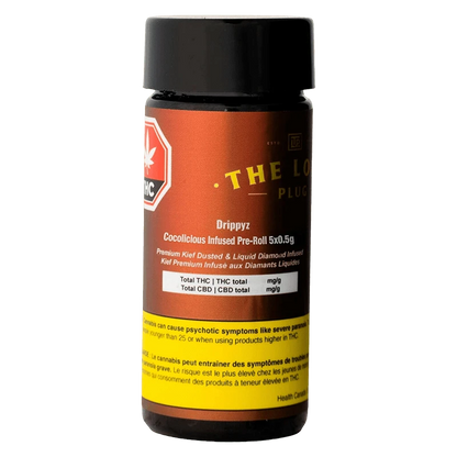 Front-facing shot of a brown and black container labeled Drippyz Cocolicious Infused PR 5 x 0.5 g with warning text and a THC symbol.