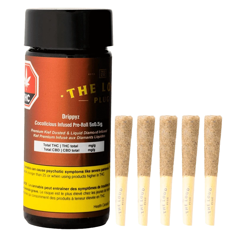 Front-facing shot of a brown container and five kief-coated pre-rolls labeled Drippyz Cocolicious Infused PR 5 x 0.5 g.