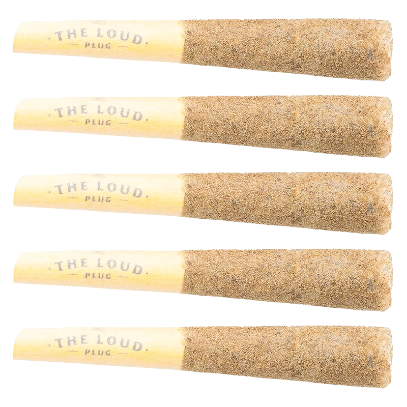 Horizontal stacked view of five cone-shaped Drippyz Cocolicious Infused PR 5 x 0.5 g pre-rolls showing textured brown tips and pale filters.