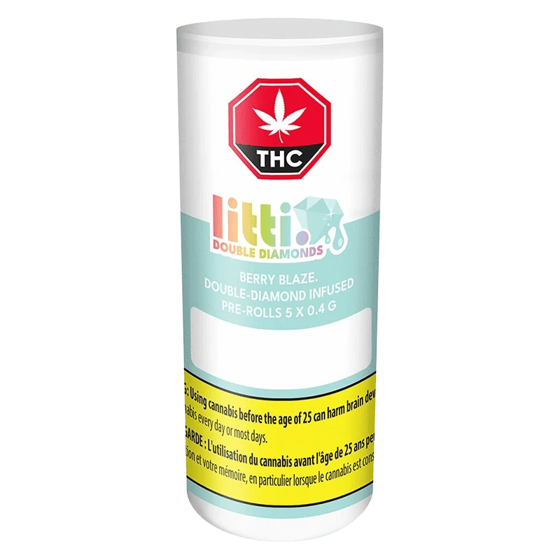 Front-facing image of a cylindrical container labeled "Berry Blaze Double Diamond Infused PR 5 x 0.4 g" with a pastel blue band, THC symbol and a yellow warning strip.