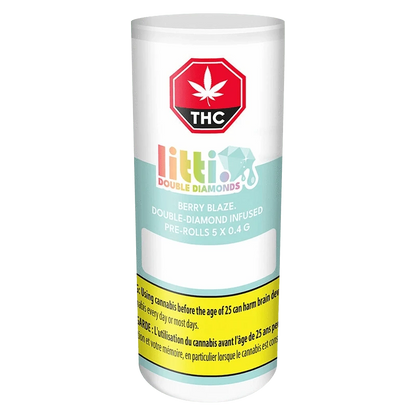 Front-facing image of a cylindrical container labeled "Berry Blaze Double Diamond Infused PR 5 x 0.4 g" with a pastel blue band, THC symbol and a yellow warning strip.