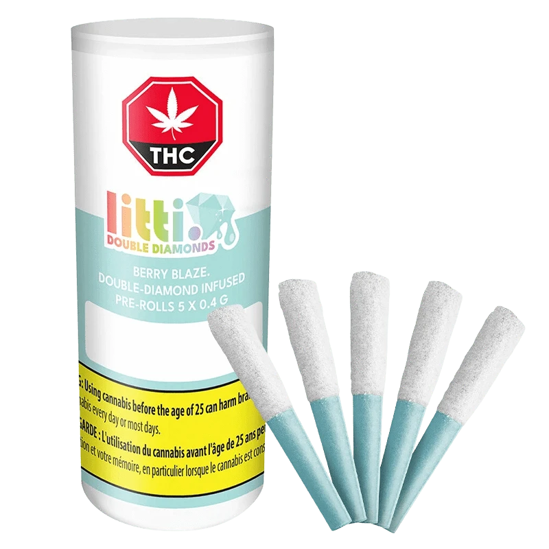 Angled front view of a white canister and five sugar-coated Berry Blaze Double Diamond Infused PR 5 x 0.4 g pre-rolls with pale blue tips.