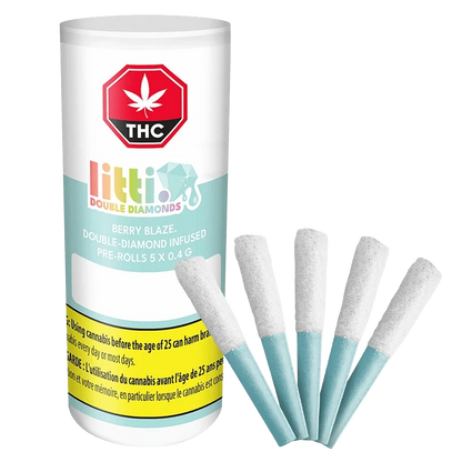 Angled front view of a white canister and five sugar-coated Berry Blaze Double Diamond Infused PR 5 x 0.4 g pre-rolls with pale blue tips.