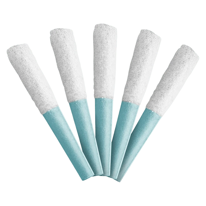 Five teal-and-white cones fanned out against a white background, Berry Blaze Double Diamond Infused PR 5 x 0.4 g.